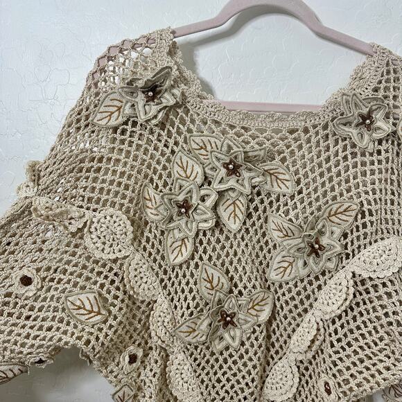 Lim's Vintage Hand Crocheted Pullover Sweater Tan Floral Applique Beaded - Picture 5 of 5